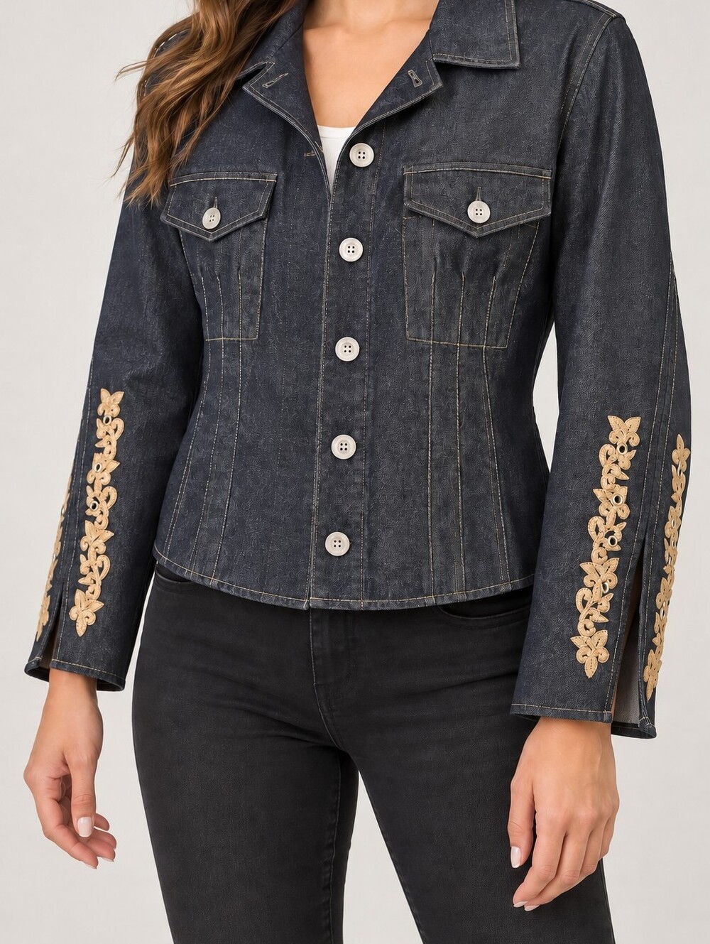 Vintage F. L. Malik Dark Wash Blue Denim Jacket Embroidered Sleeves L